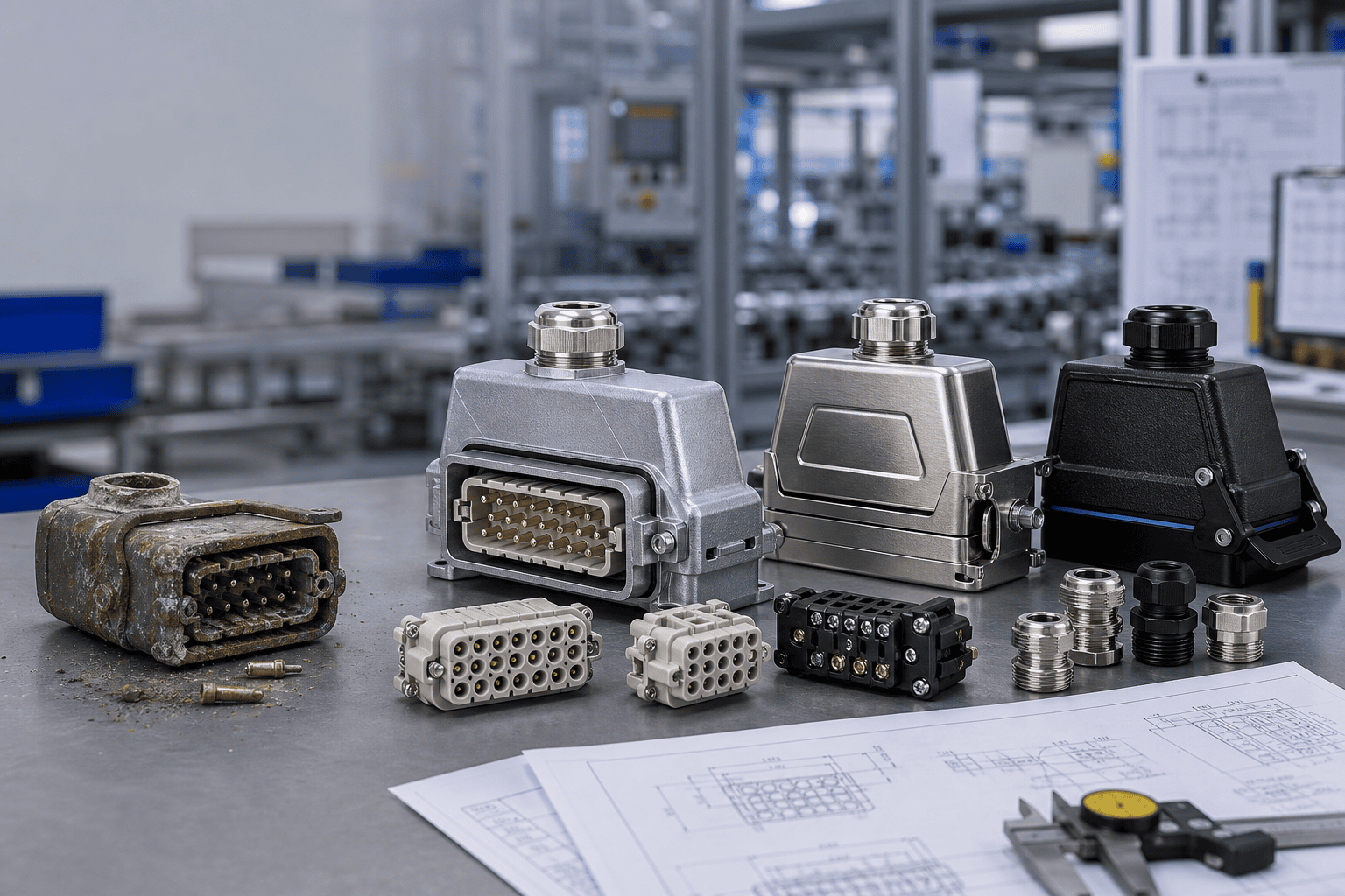Choosing the right Harting connector material A selection of various Harting connectors on a workbench
