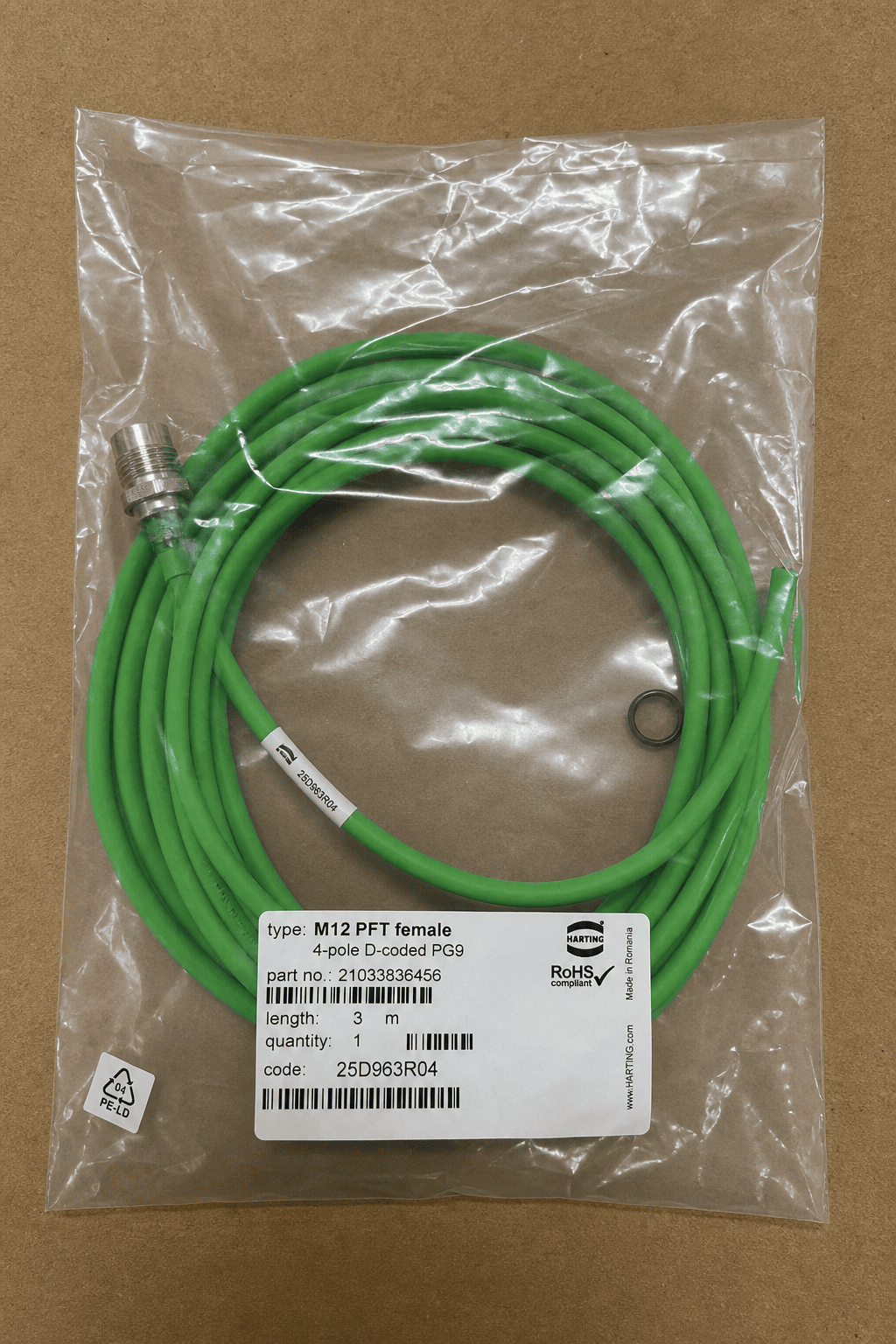 HARTING cable assembly in clear bag with label