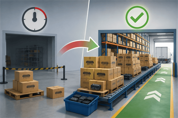 A warehouse aisle filled with boxes of electronic components, showing ready stock